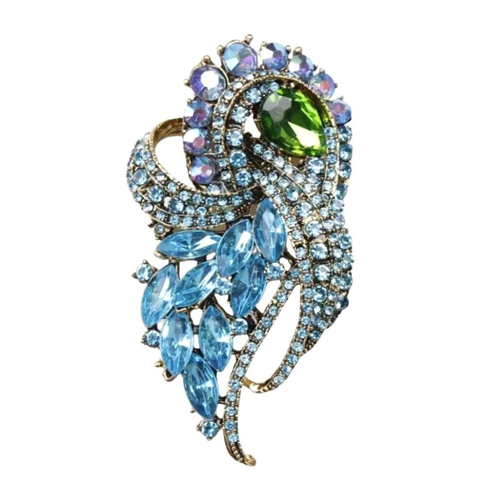 Rhinestone Brooch Pin Blue & Green Iridescent A/B Crystals 3.73" x 2.16"